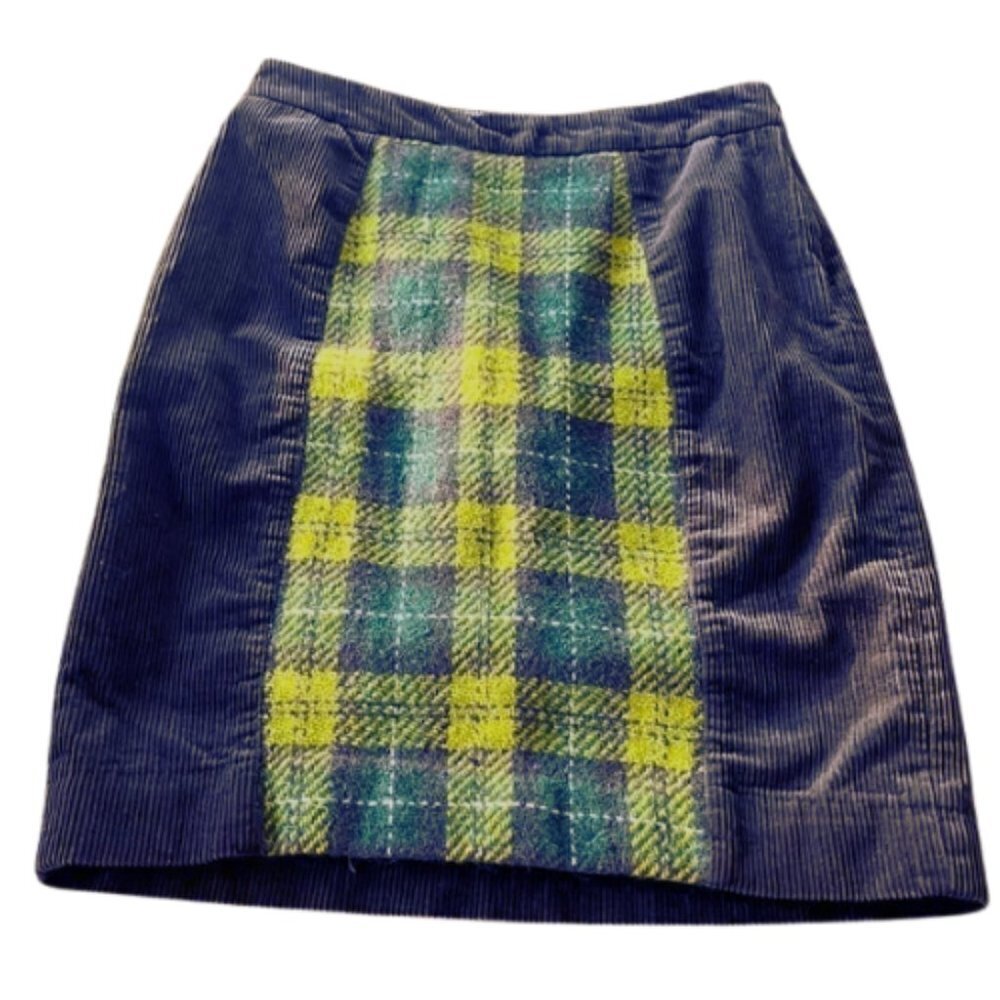 Maeve Navy Corduroy Mini Skirt with Yellow Green Plaid Panel